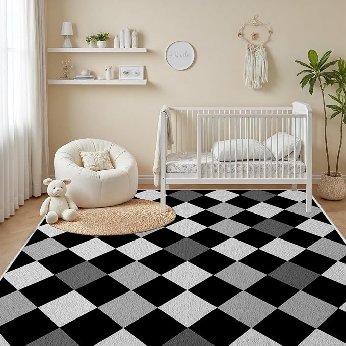 Black and White Rug 7x10, Rhombus Geometric Soft Ultra Soft Faux Wool Low Pile Rug, Indoor Floor Mats Carpet, Non-Slip Stain Resistant Washable Rugs, Modern Abstract Checkered Rugs for Living Room