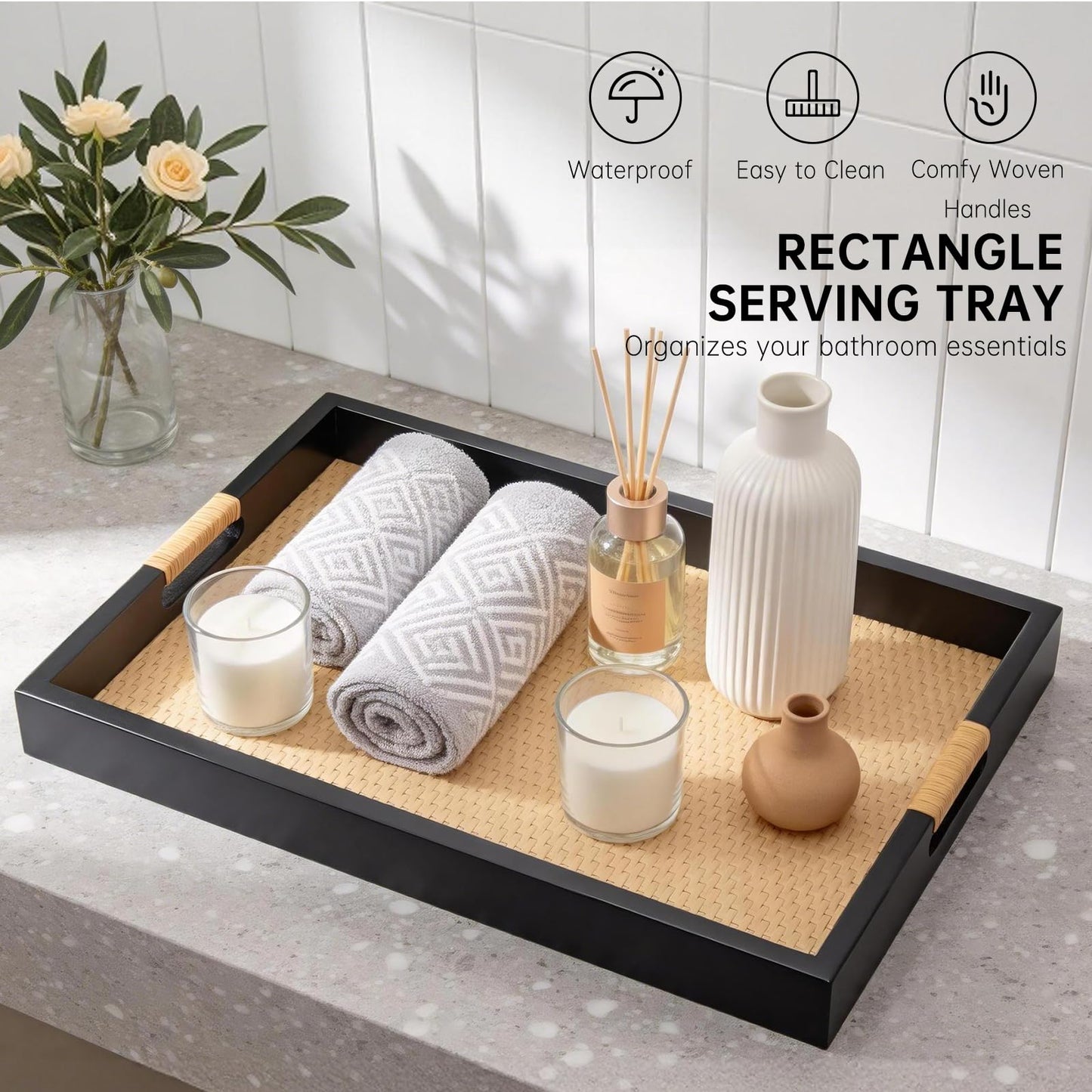 HuiDao Decorative Tray, Serving Tray with Handles, Solid Wood and Faux Rattan Woven Serving Tray, Rustic Rectangle Ottoman Tray for Coffee Table, Ottoman, Dining Serving & Home Decoration