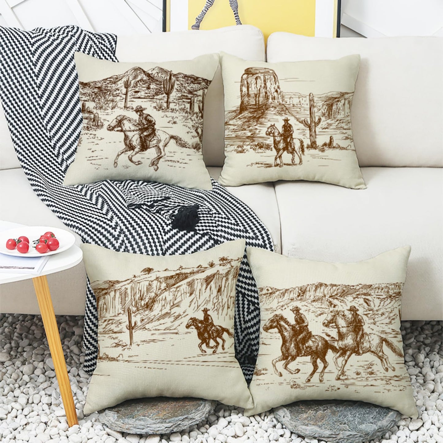 Sagielio Western Throw Pillow Covers Western Home Decor 18x18 Set of 4, Cotton Linen Pillows for Couch Living Room and Bedroom, Pillow Case Set for Cowboy Couples Boys Girls (Beige)