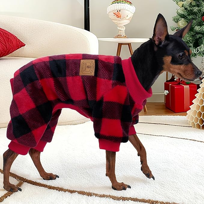 XPUDAC Dog Christmas Sweater Plaid Dog Pajamas for Small Medium Dogs Girl Boy Fleece Puppy Clothes Outfit for Winter, M