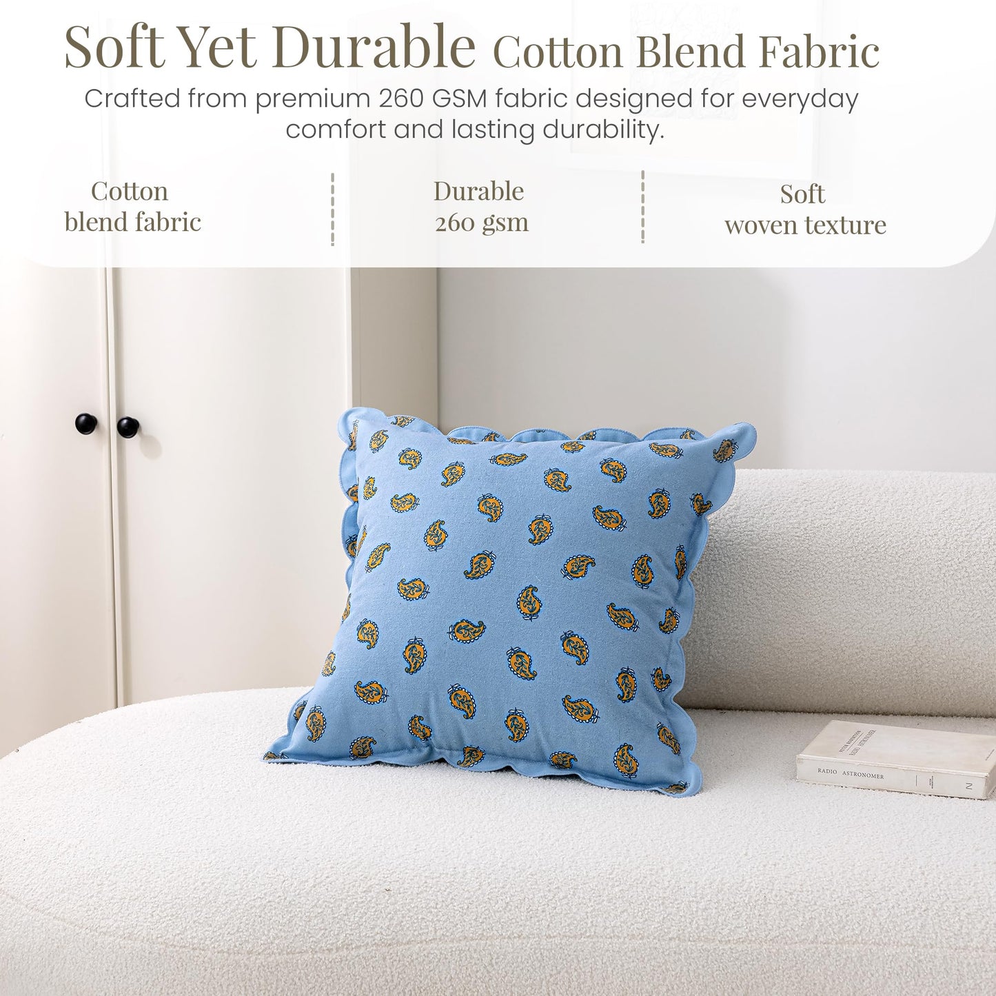 DrapePalette - Scalloped Throw Pillow Covers with Block Print Floral Patterns and Hidden Zipper - Blue Paisley, 20 x 20 Inches Pack of 1 - Soft Indoor Pillow Case for Livingroom, Bedroom, or Lounge