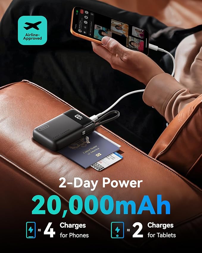 INIU 45W Portable Charger, Smallest 20000mAh Power Bank with Build in USB-C Cable, Fast Charging USB C in&Out Battery Pack, Travel Phone Charger for iPhone 17 16 15 Air Samsung S25 S24 Google, Beige