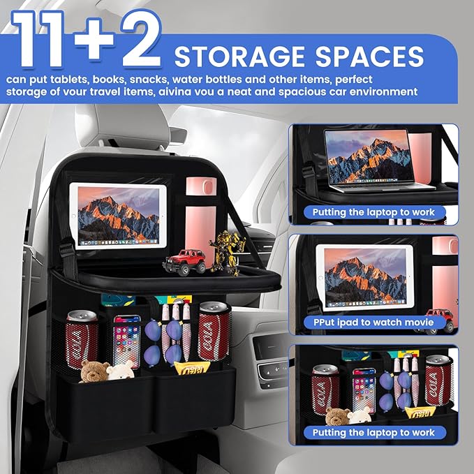 The car rear seat storage unit comes with a flat rack, 13 storage compartments, a foldable tray table, a rear seat kick pad, and can hold snacks and toys. It's black (1 piece【Dining table style】)