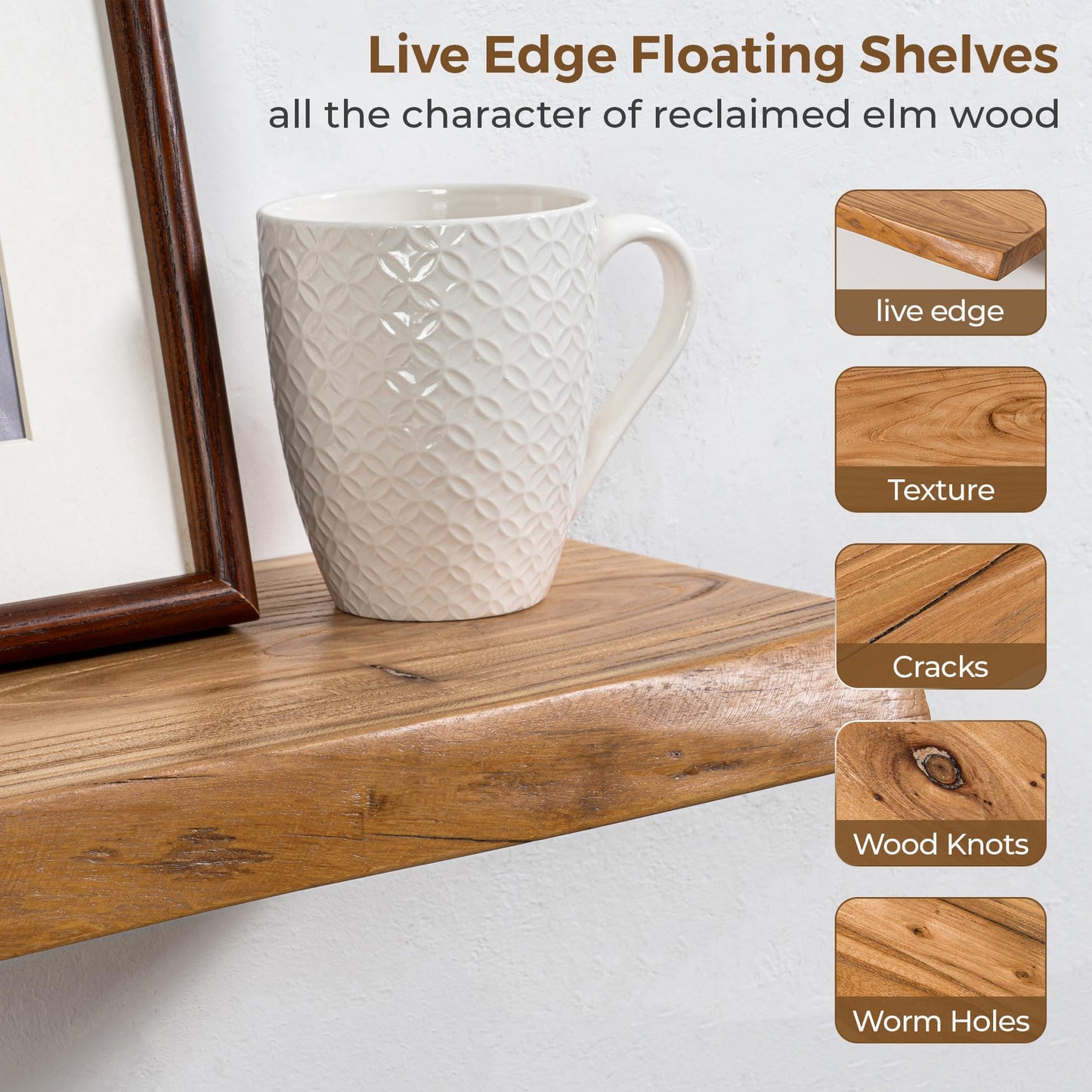 Axeman 40 inch Floating Shelves for Wall - 8'' D Live Edge Rustic Solid Elm Wood Floating Shelves Wall Mounted, Wall Shelves with Invisible Bracket for Living Room Bedroom Kitchen, 1 Pc Natural