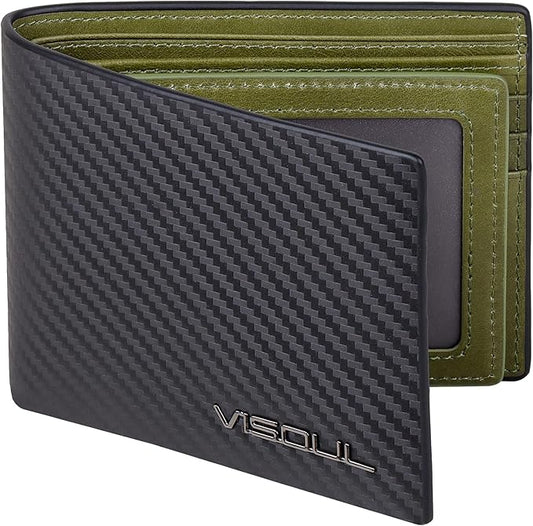 VISOUL Leather Mens Bifold RFID Blocking Wallet with 2 ID Windows, Leather Wallet for Men (Carbon Fiber, Black+Green)