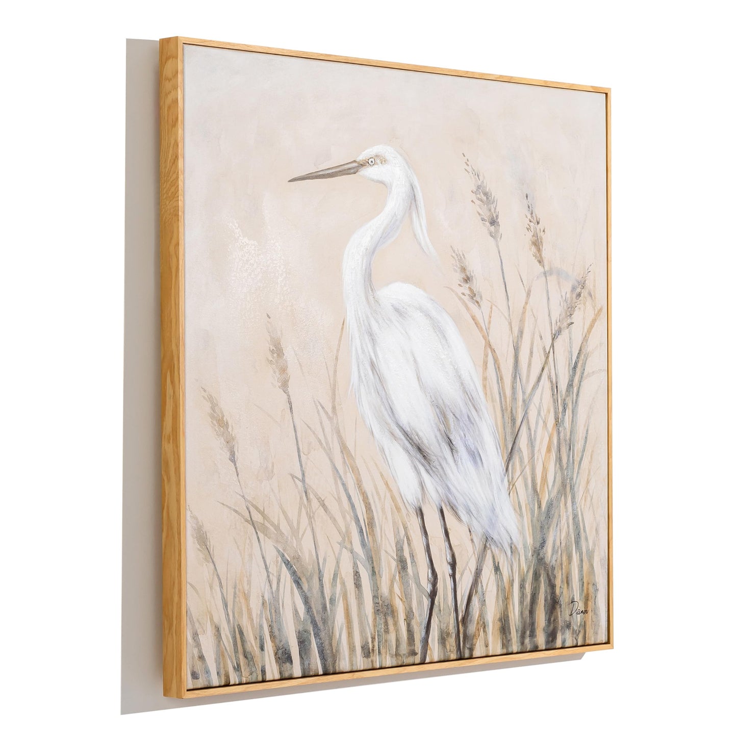 Eonzeun Framed Textured Canvas Wall Art, 24x24 Inch Coastal Wabi-Sabi Neutral Tone Egret Painting for Living Room, Dining Room, Office