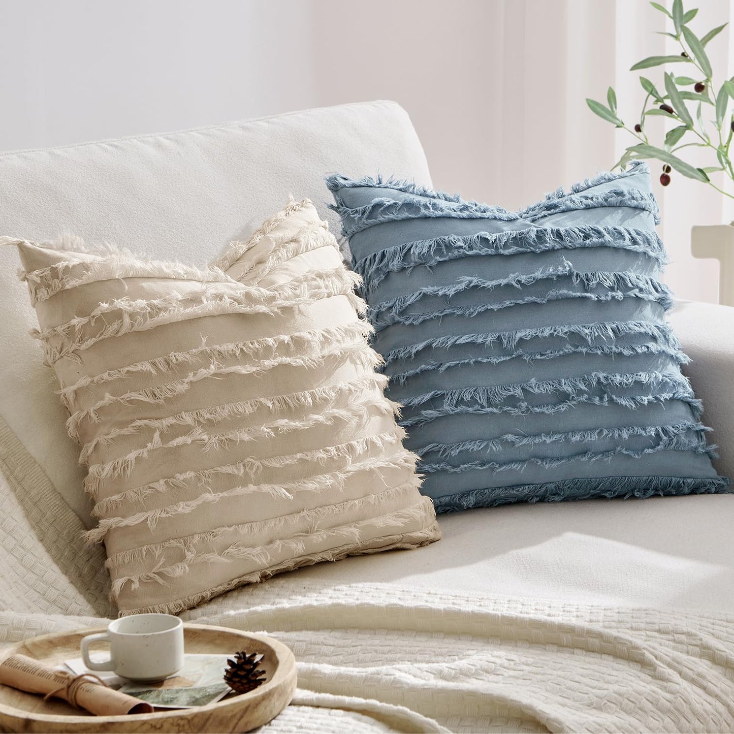 MIULEE Decorative Boho Throw Pillow Covers Set of 2 Spring Neutral Beige Linen Striped Jacquard Pattern Modern Cushion Covers for Sofa Couch Living Room Bedroom 20x20 Inch Home Decor