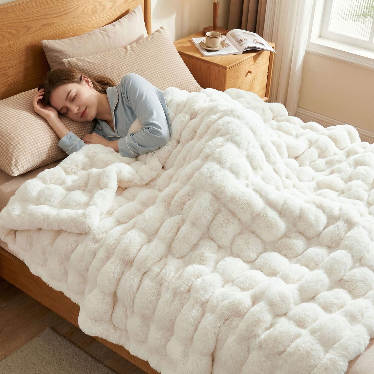 JONIYEAR Extra Large Soft Fuzzy Bubble Faux Rabbit Fur Bed Blanket Queen Size 80" x 90", Decorative Big Thick Warm Fluffy Blanket for Winter, Luxury Cute Cozy Shaggy Comfy Furry Blankets, Cream White