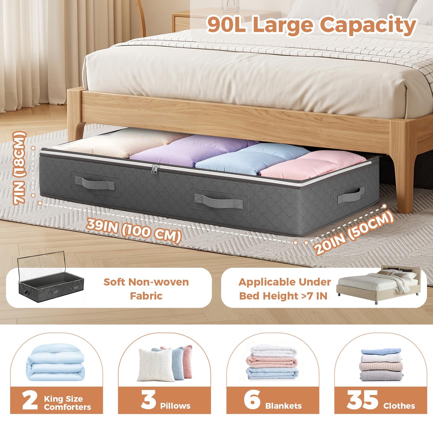 Budding Joy 90L Under Bed Storage Containers, Closet Organizers and Storage Bins, Foldable Underbed Storage Bags for Linen Sheets, Blanket, Clothing, Comforter, Sweaters, Pillows, Wrapping Paper, Grey