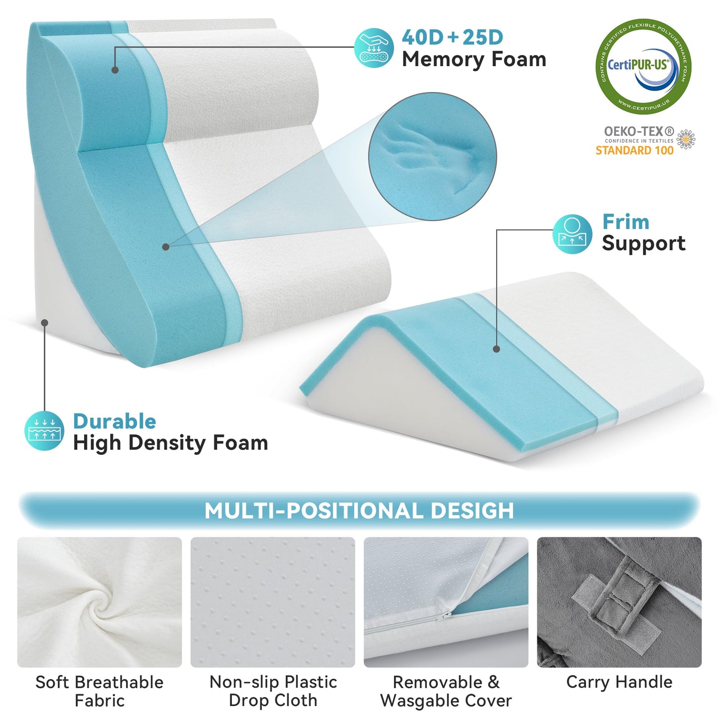 Kingfun 4PCS Orthopedic Bed Wedge Pillow Set for Sleeping, Post Surgery Memory Foam Support Pillows for Back, Neck and Leg Pain Relief, Adjustable Triangle Pillow - Acid Reflux, Anti Snoring & GERD