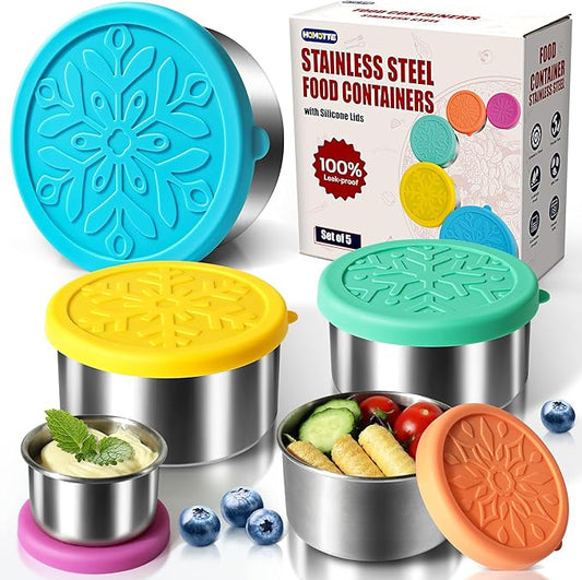 Homotte 304 Stainless Steel Containers with Lids Small for Lunch, Leak-Proof Stainless Steel Food Storage Containers for Back to School Kids, 5 Pack Stackable (2oz, 4oz, 8oz, 14oz, 24oz)