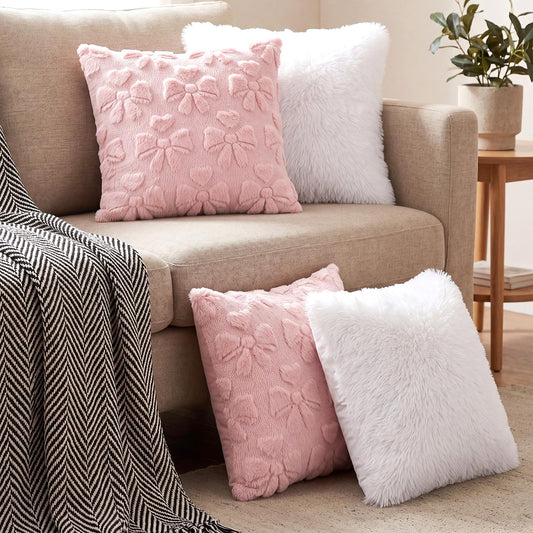 Mixweer 4 Pack Pink Bow Pillow Covers 18x18, Coquette Room Decor Soft Plush White Velvet Throw Pillow Covers, Cute Decorative Cushion Cases for Couch, Sofa, Bed, Girls Bedroom, Valentine’s Day Decor