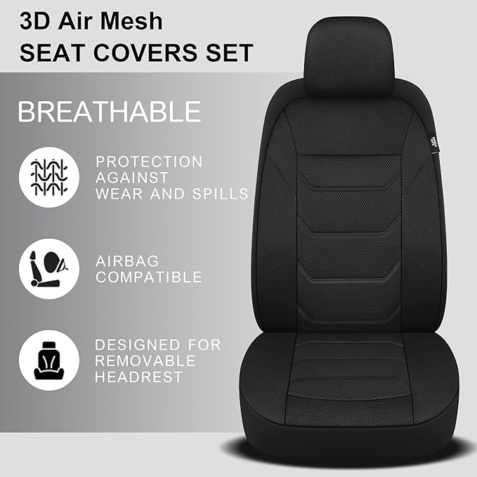 Pariiaotin 3D Air Mesh Car Seat Covers Front Sets Washable and Breathable Premium Cloth Automotive Vehicle Seat Covers for Cars Interior, Universal Fit for Most Cars, Sedan, Truck, SUV(Black)