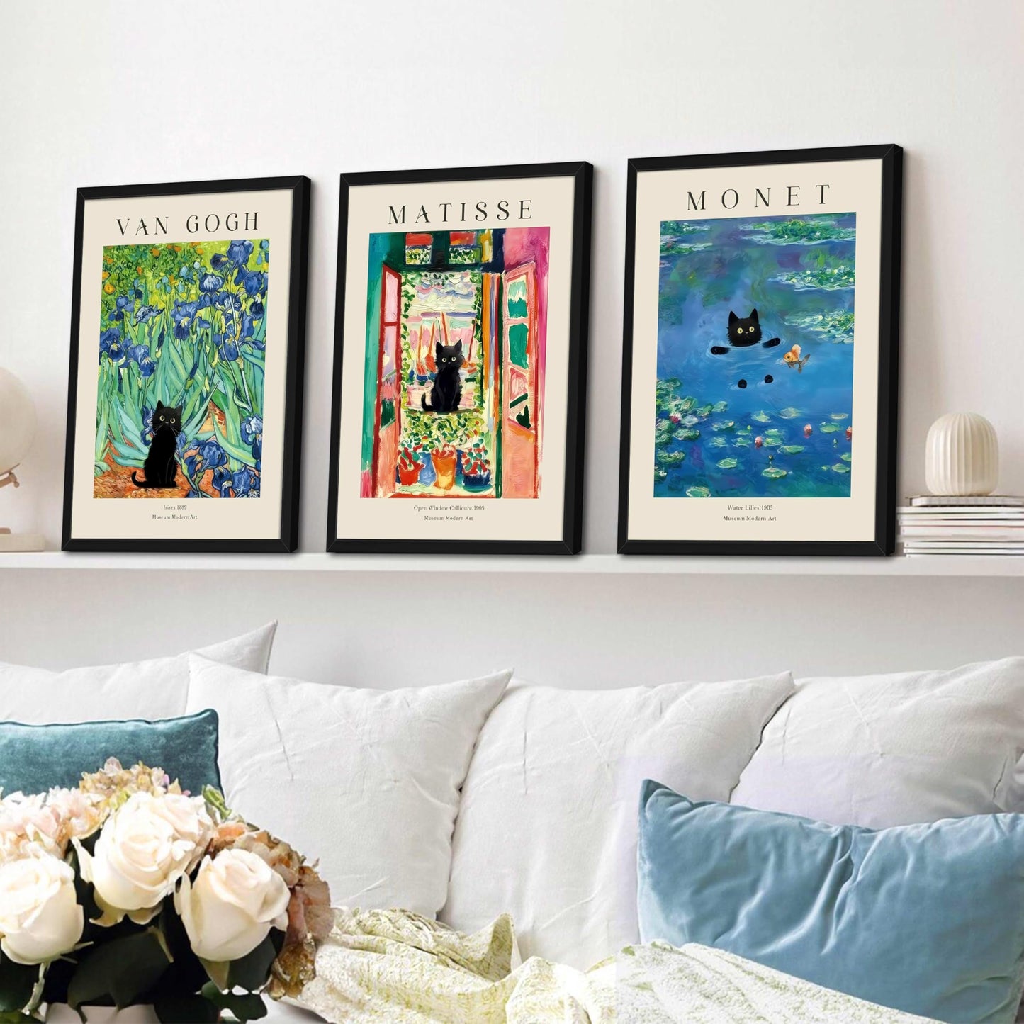 Wood Framed Monet Wall Art Set of 3 - Van Gogh Black Cat Flower Field Canvas Paintings Prints, Matisse Abstract Black Cat Aesthetic Pictures for Room Bedroom Living Room Bathroom 12x16 in
