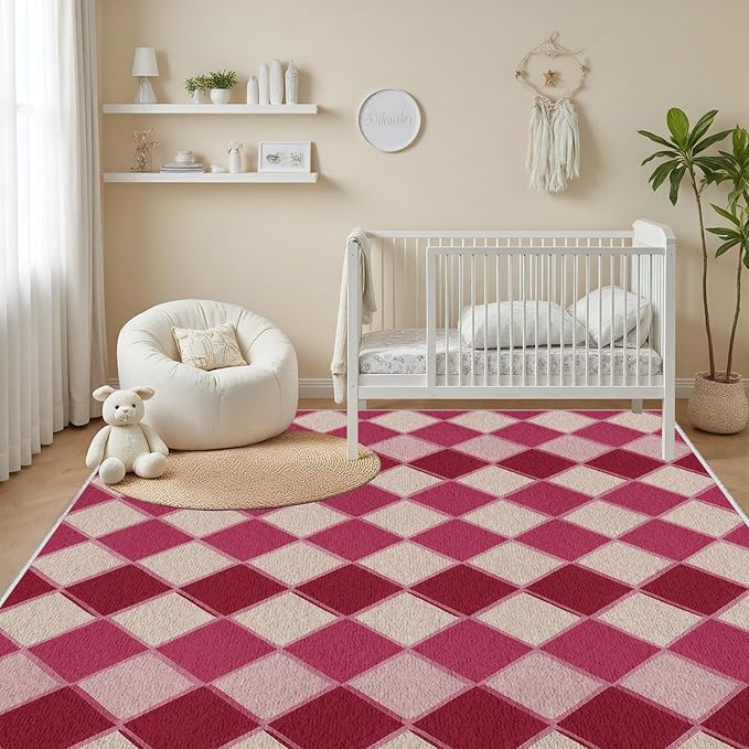 Plaid Rug, Soft Ultra Soft Faux Wool Rhombus Geometric Rugs, Indoor Floor Mats Carpet, Non Slip&Non-Shedding Low Pile Washable Rugs, Modern Red 6x8 Area Rug for Bedroom Home Decor
