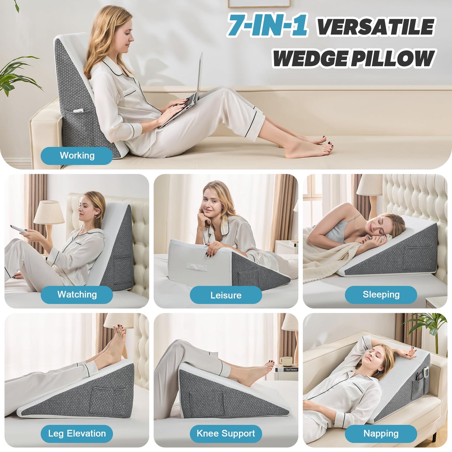 Yojoker Wedge Pillow for Sleeping - Bed Wedge for Headboard Triangle Pillow, Memory Foam Wedges for Acid Reflux, GERD, Snoring, Post Surgery Back Pain Relief, Leg Elevation(White Grey, 24*24*7.5 inch)