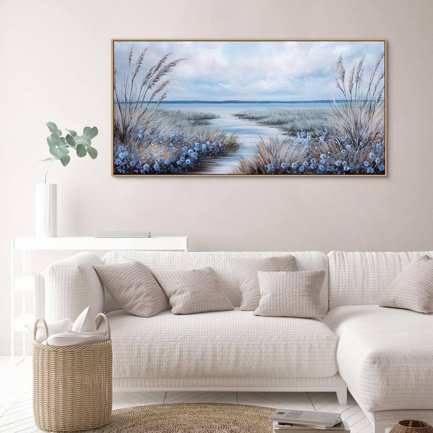 KLAKLA Beach Wall Art - Blue Large Canvas Art Living Room Wall Decor Sea Wave Picture Artwork Modern Bedroom Office Home Decor - 48x24 Inches