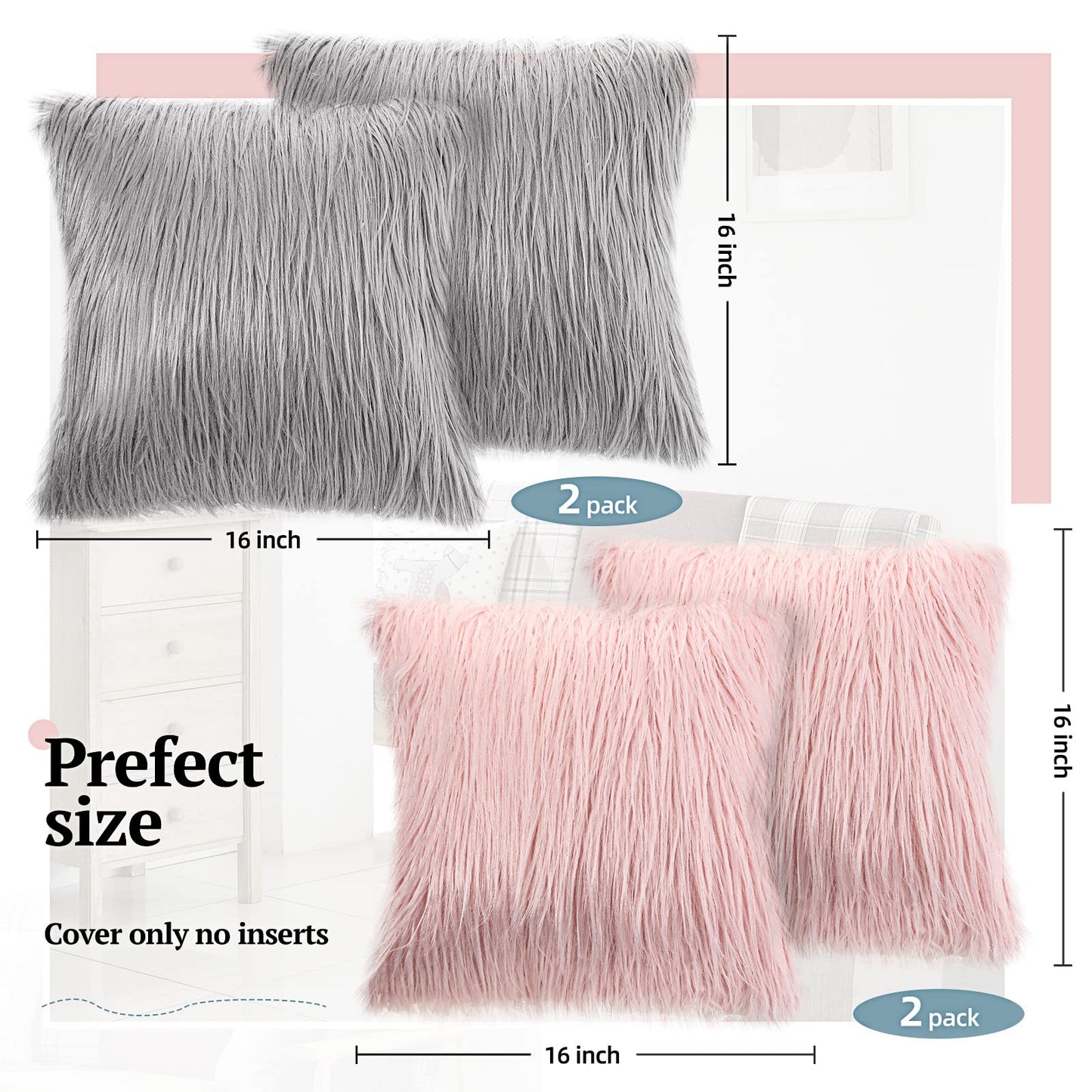 Irenare 4 Pack Faux Fur Throw Pillow Covers Square Cushion Cover Fuzzy Pillow Case Soft Decorative Pillowcase for Sofa, Couch, Chair, Bed, 16 x 16 Inch (Pink, Gray)