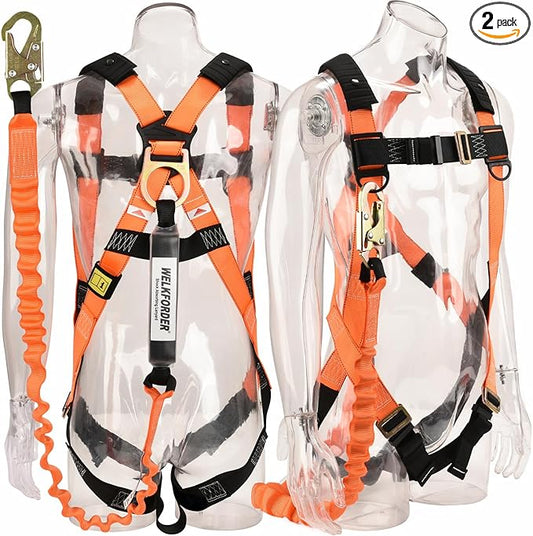 WELKFORDER 2-PACK 1D-Ring Industrial Fall Protection Safety Harness with 6-Foot Shock Absorber Stretchable Lanyard | Permanent attached Kit | ANSI Compliant Personal Fall Arrest System(PFAS)