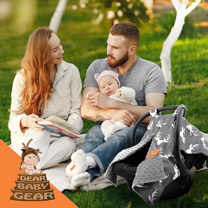 Dear Baby Gear - 40x30 Car Seat Canopy, Infant Carrier Cover for Boys & Girls, Cozy Fall, Nursing & Stroller Use, Newborn Travel Sunshade Accessory White Antlers on Gray, Gray Reverse