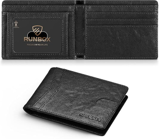 RUNBOX Wallet for Men Slim Leather Bifold RFID Blocking Minimalist Front Pocket Design with Gift Box
