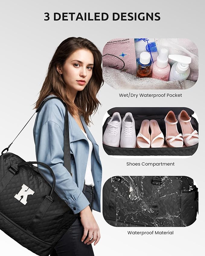 Vogewood Birthday Gifts-for Women-Initial Duffle Bag with Shoe Compartment, Personalized Weekender Bag, Monogram Overnight Bag, Letter Travel Bag with Makeup Bag，Friend Wife Birthday Gift (Letter C)