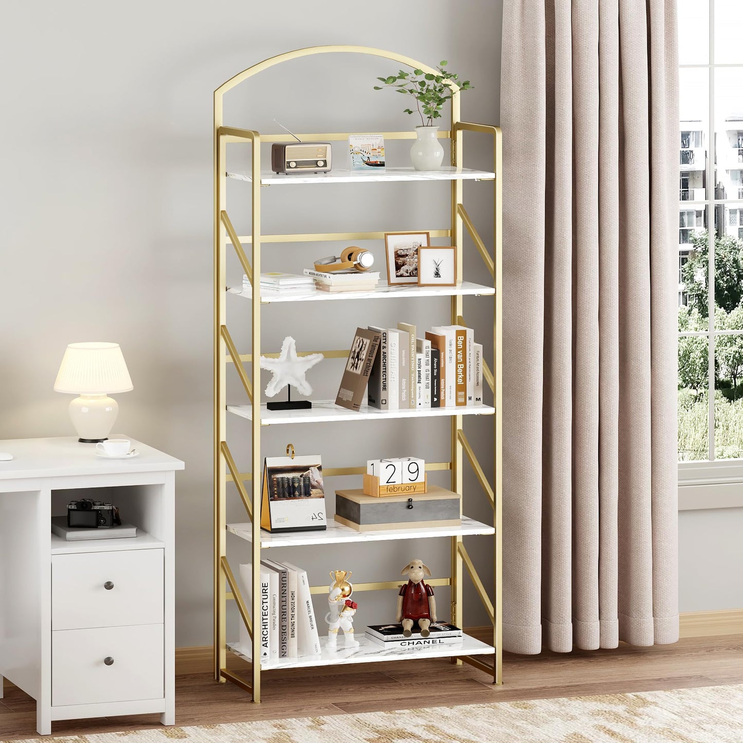 BHG Arched Bookshelf 5 Tier Shelf Storage Organizer Bookcase,No Assembly Folding Book Shelf for Living Room,Bedroom Home Office Rack Bookhelves