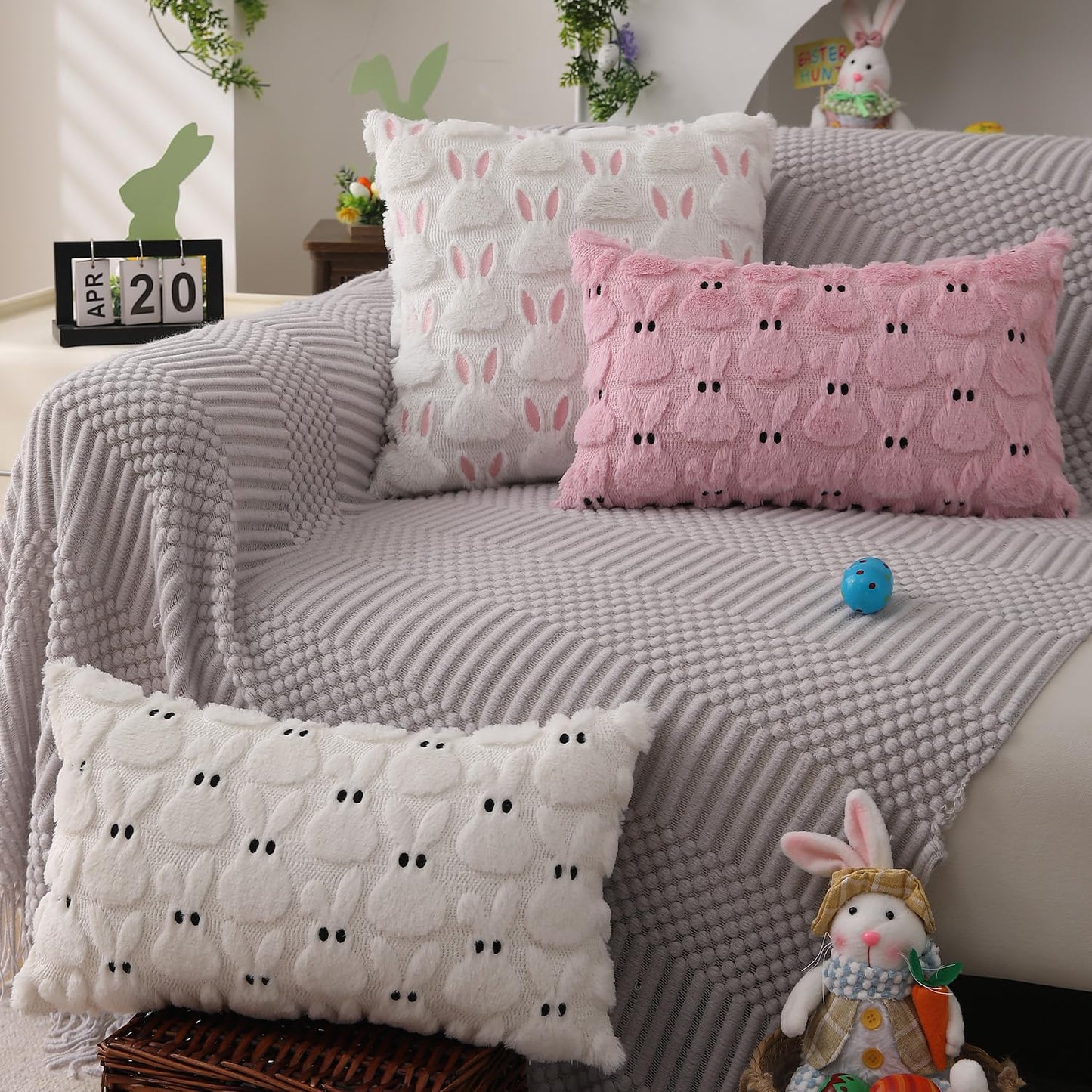DFXSZ Easter Pillow Covers 16x16 inch Set of 2 Easter Decorations Pink Ears White Rabbit Soft Plush Faux Fur Jacquard Throw Pillows for Bedroom Sofa Holiday Festivals Home Decor FHJ-07D16