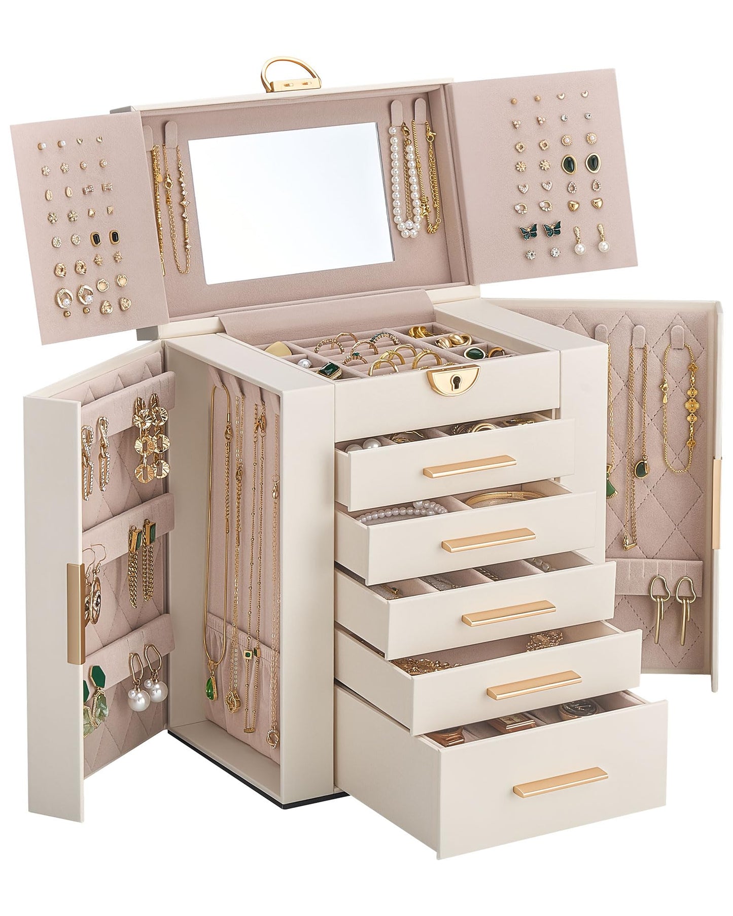 Lolalet Large Jewelry Box Organizer for Women, 6-Layer Jewelry Organizers and Storage Case with Mirror & 5 Drawers, Lockable Watch Ring Earring Bracelet Necklace Holder Girls Gift -6Layer, Beige