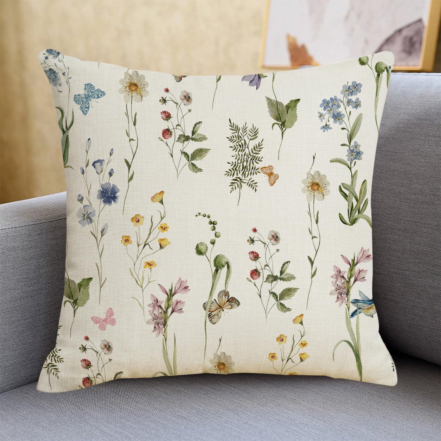 FJWMZ Spring Summer Floral Pillow Covers 18x18 Inch Sage Green Wildflower Leaf Herbs Throw Pillows Cover Set of 2 Outdoor Farmhouse Plant Linen Decorative Square Pillowcase for Couch Bed Sofa Decor