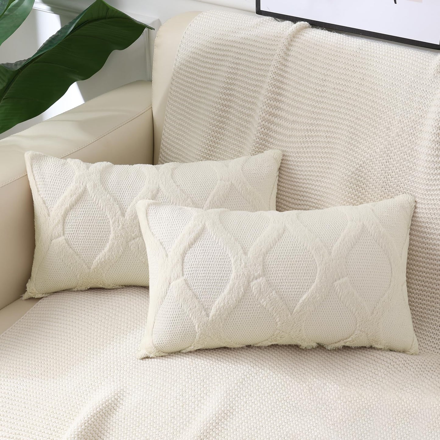 decorUhome Summer Throw Pillow Covers 12x20 Inch Set of 2, Soft Plush Faux Fur Wool Lumbar Beige Accent Couch Pillow Covers for Modern Farmhouse Bed Sofa Living Room