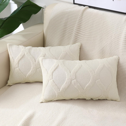 decorUhome Summer Throw Pillow Covers 12x20 Inch Set of 2, Soft Plush Faux Fur Wool Lumbar Beige Accent Couch Pillow Covers for Modern Farmhouse Bed Sofa Living Room
