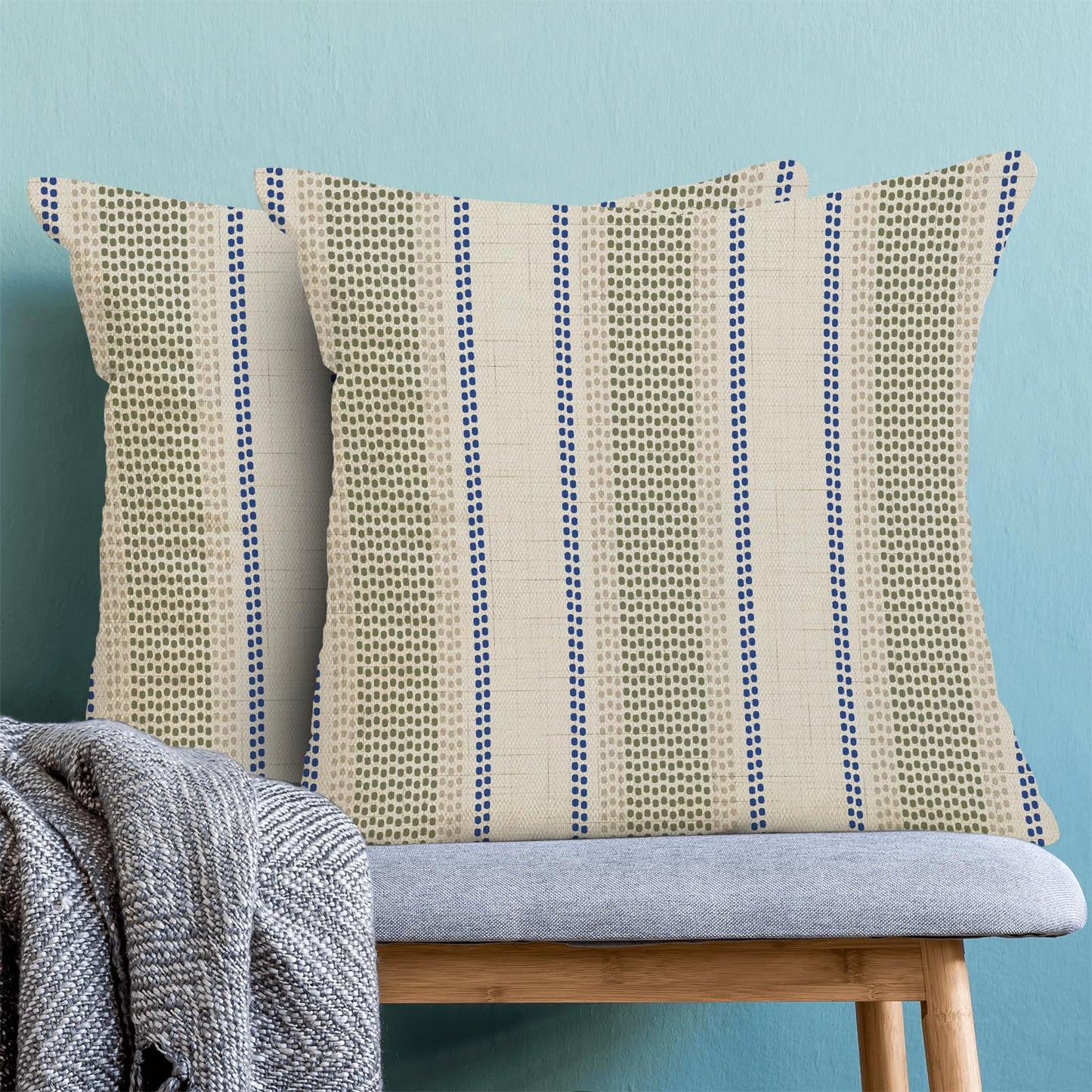 Sorktse Sage Green Blue Pillow Covers 18 x 18 Inch Set of 2 Abstract Boho Throw Pillows Beige Polka Dots Striped Decorative Outdoor Pillowcase Linen Cushion Cases for Home Bed Sofa Couch