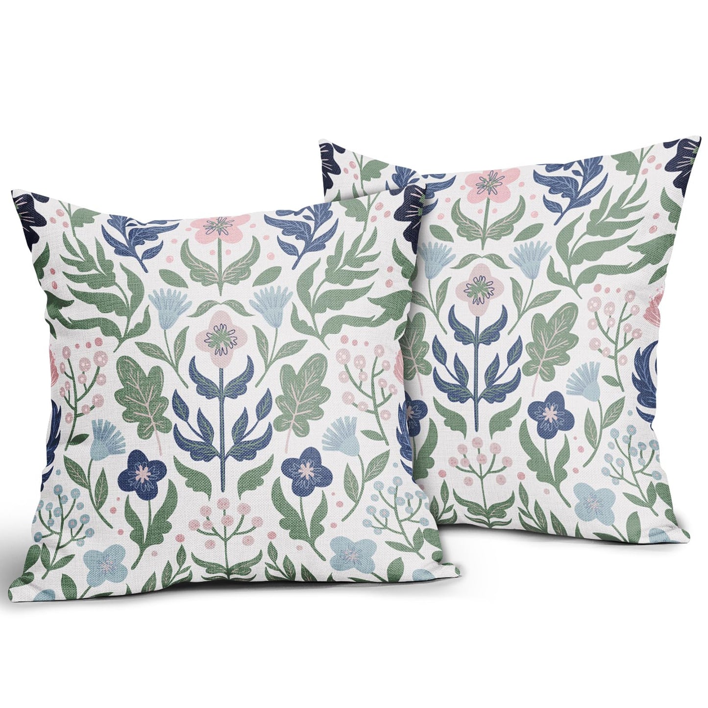 Blue Green Floral Pillow Covers 18x18 Set of 2 Navy Pink Sage Flower Flower Block Print Decorative Throw Pillowcases Outdoor Spring Summer Farmhouse Cushion Cases Decor for Home Couch Sofa Bed