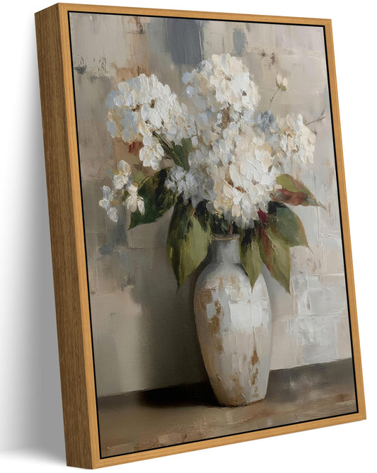 Framed Vintage Floral Canvas Wall Art White Hydrangea Painting Picture Wall Decor Country Farmhouse Flower Poster Print Artwork for Living Room Bathroom Office Home Decoration 8x10in