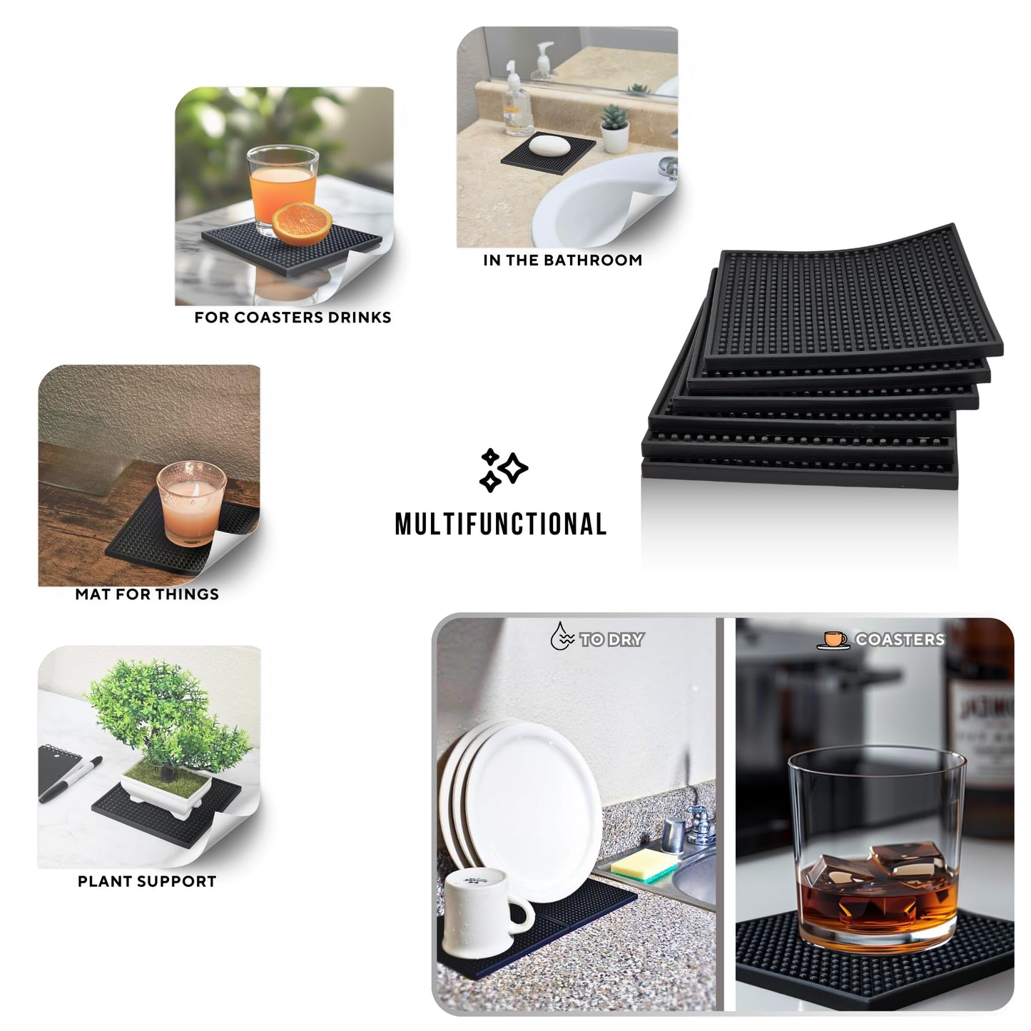 Silicone Coasters Set - 6 Pack - 6 Inch Square Drink Coasters for Coffee Table & Desk - Absorbent & Anti-Slip - Outdoor & Indoor Use