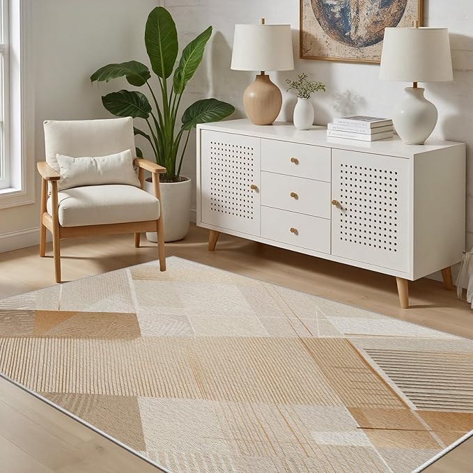 Minimalist Abstract Area Rug 6x8 Brown Boho, Modern Washable Stripe Art Rugs, Soft Non-Slip Low-Pile Carpet for Living Room, Bedroom, Kitchen, Dining Room, Pet Friendly, Non-Shedding, Beige