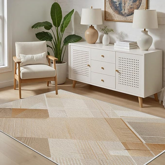 Minimalist Abstract Area Rug 6x8 Brown Boho, Modern Washable Stripe Art Rugs, Soft Non-Slip Low-Pile Carpet for Living Room, Bedroom, Kitchen, Dining Room, Pet Friendly, Non-Shedding, Beige