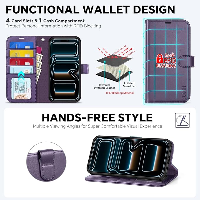 TUCCH 2-in-1 Removable Wallet Case for iPhone 17 Pro Max (6.9") 2025, Wireless Charging | RFID Blocking 4 Card Holders | Wrist Strap | Kickstand | Magnetic | PU Leather Protective Cover | Deep Purple