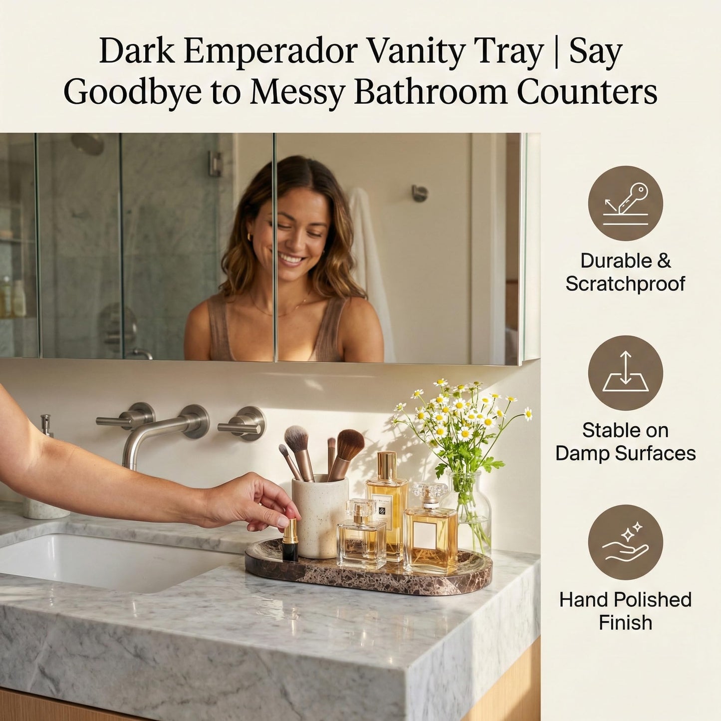 CasaCouture Dark Emperador Marble Vanity Tray for Bathroom Counter, 10"x5" Decorative Tray for Perfume, Candles, Stone Jewelry Dish Tray
