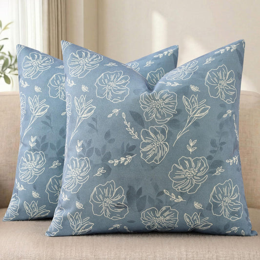 decorUhome Floral Botanical Pillow Covers 18x18 Set of 2, Faux Linen Decorative Throw Pillow Covers with White Line Flower Print for Couch Sofa Bed, Blue