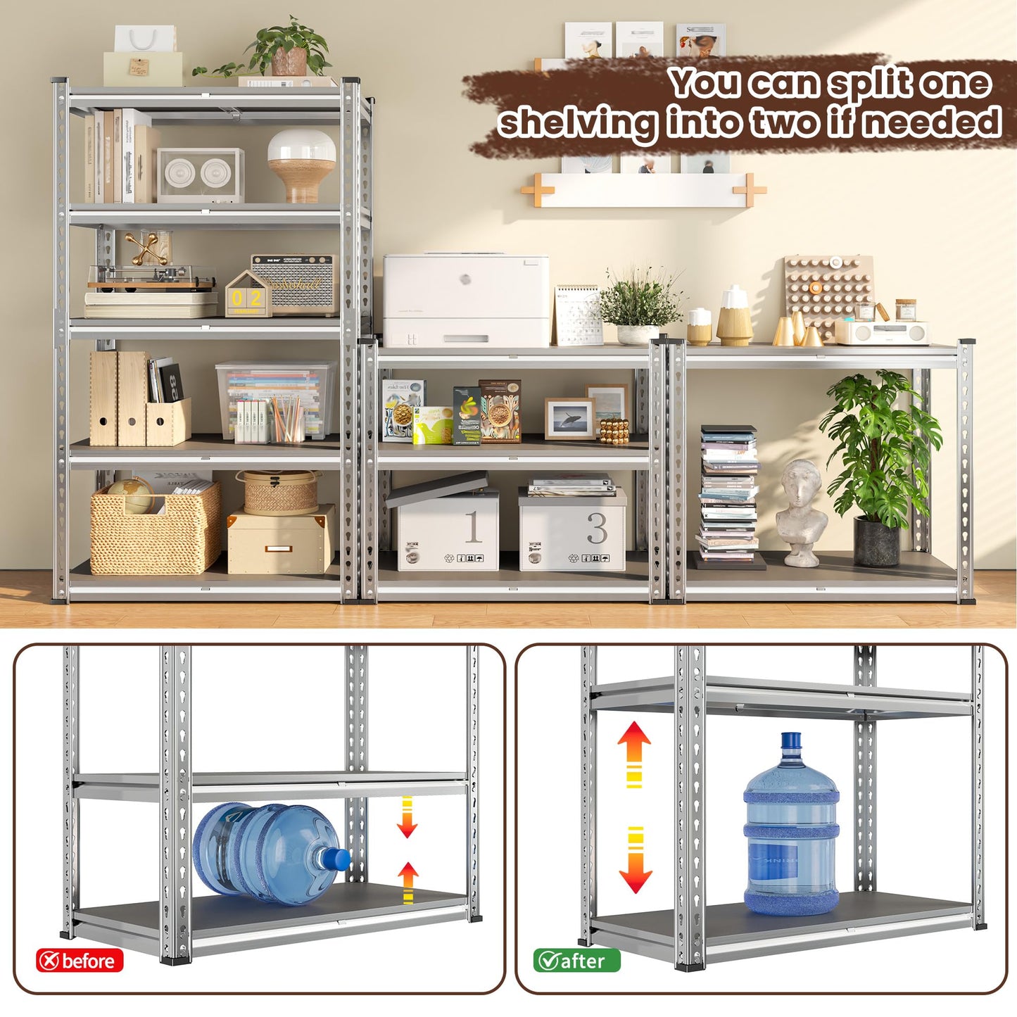 Romorgniz Plant Shelf, Waterproof & Rustproof Metal Shelving with PP Broad Outdoor, 2000Lbs Adjustable Galvanized Plant Shelf for Patio Gardening Closet Kitchen Basement, 60" H x 27.5" W x 11.8" D