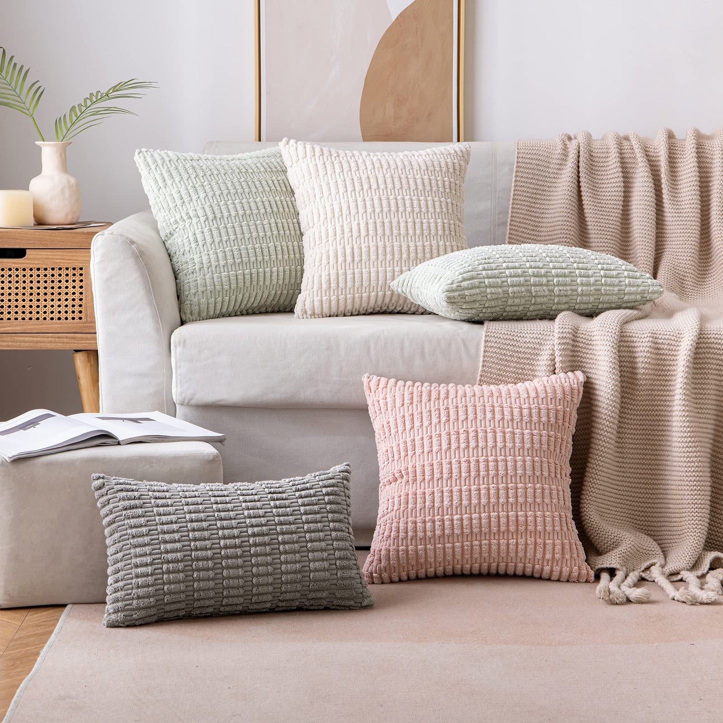 MIULEE Pack of 2 Corduroy Decorative Throw Pillow Covers 16x16 Inch Soft Boho Striped Pillow Covers Modern Farmhouse Home Decor for Sofa Couch Bed Cream White Bundle Fleece Blanket 50x60 inch