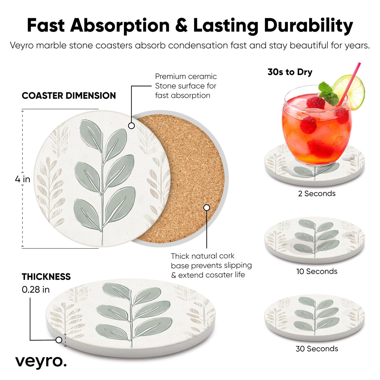 VEYRO Ceramic Coasters Set of 6 – Absorbent Stone Drink Coasters with Holder, Non-Slip Cork Backing, Modern Marble Look Coasters for Coffee Table, Desk & Home Decor