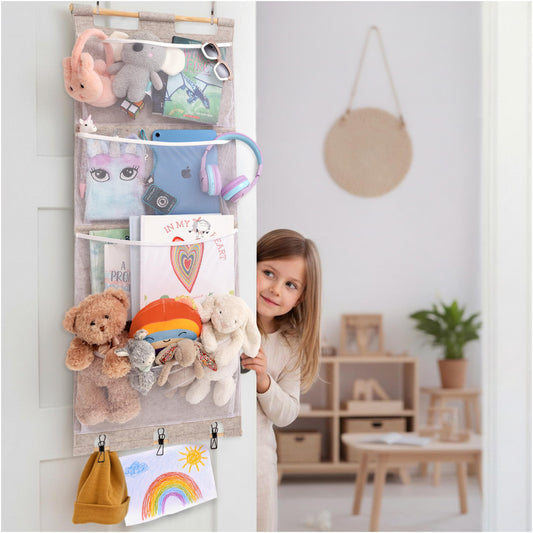 Calloo Over the Door Stuffed Animal Storage for Kids – Felt Organizer with Clips to Display Art and Mesh Pockets for Stuffies, Books and More – Space-Saving Hanging Design that Grows with your Child