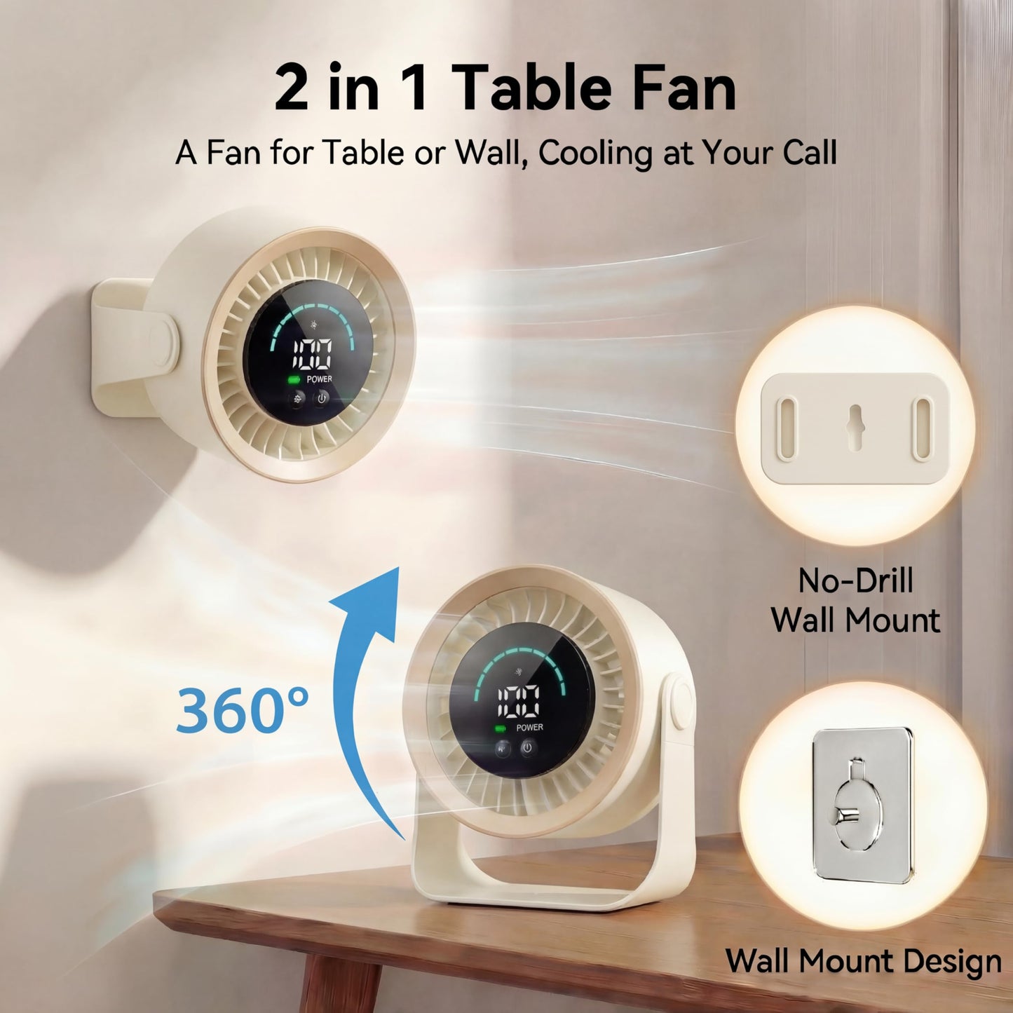 Refluxe Mini Desk Fan, Small USB Rechargeable Quiet Desktop Fan, Cooling Table Electric Fan with LED Digital Display, 360°Adjustable Tilt for Bedroom, Office & Home (Khaki)