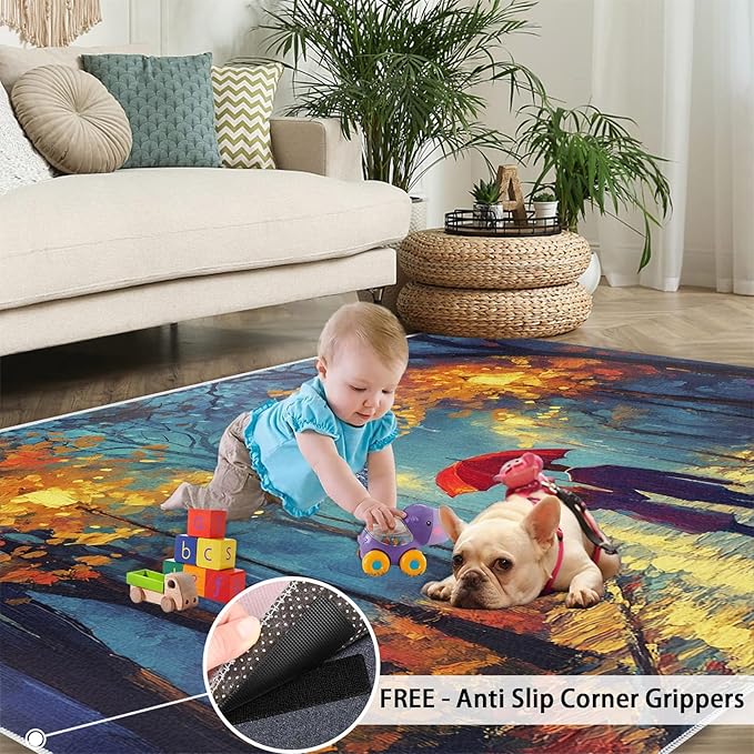 London Streets Washable Rugs 4x6 Rug for Living Room, Rainy Night Oil Painting 4x6 Rug Autumn Landscape Low-Pile Carpet for Bedroom Dining Non Slip Mat with Rubber Back