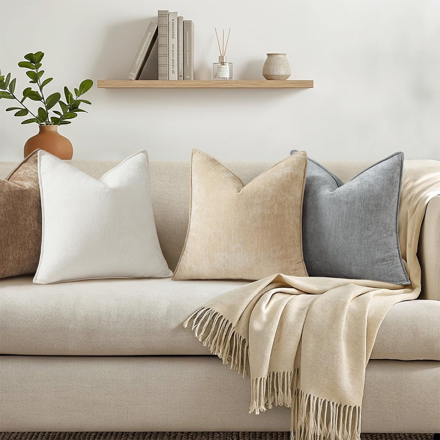 decorUhome Summer Couch Euro Sham Throw Pillow Covers 24x24 Set of 2, Decorative Soft Velvet Modern Cozy Chenille Pillow Cases with Elegant Design for Sofa Bed Living Room Home Decor, Cream White