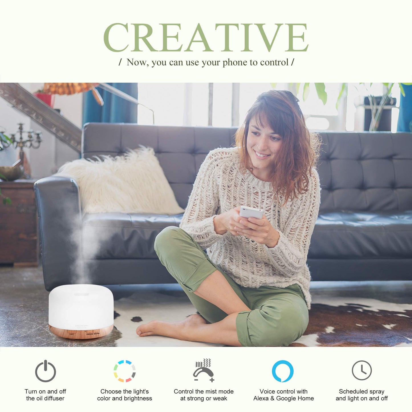 ASAKUKI Smart Wi-Fi Essential Oil Diffuser, App and Voice Control Compatible with Alexa, 500ml Aromatherapy Humidifier for Relaxing Atmosphere in Home Office Bedroom (Light Brown)