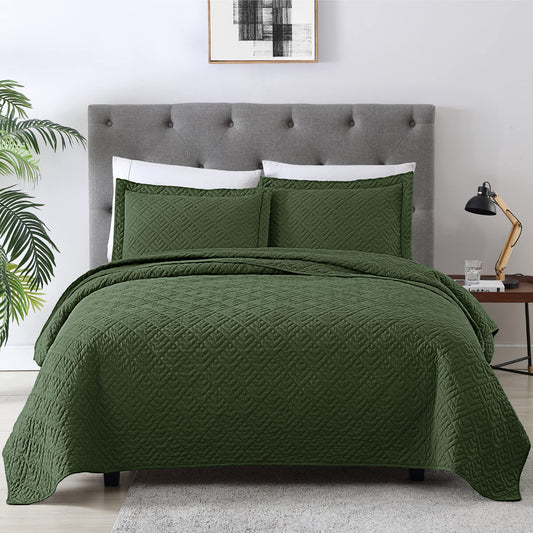 EXQ Home Quilt Set Full Quilts Queen Size Olive Green 3 Piece,Lightweight Soft Coverlet Modern Style Squares Pattern Bedspread Set(1 Quilt,2 Pillow Shams)